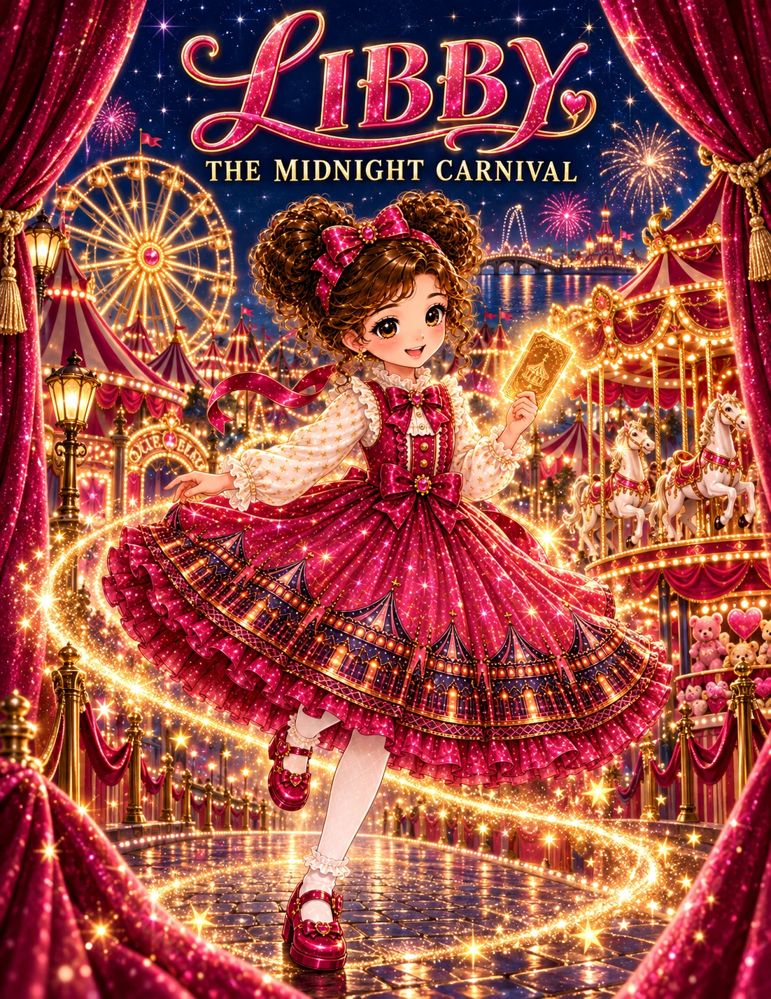 Libby introducing The Midnight Carnival, holding her golden ticket among sparkling rides