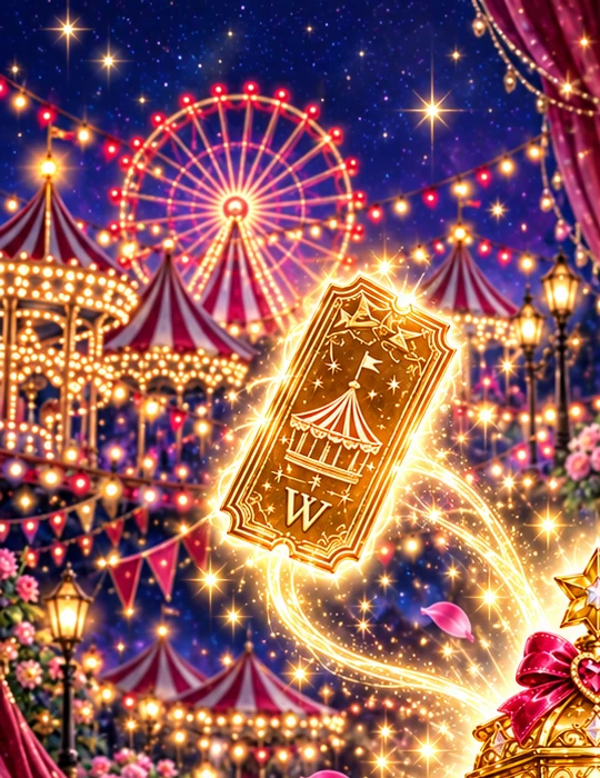 Libby's Golden Ticket with a glowing midnight carnival behind it